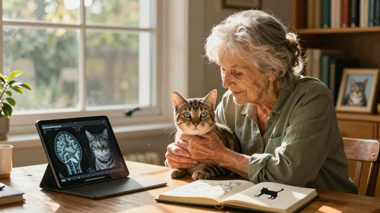 Mulher idosa segurando gato ao lado de tablet com imagem de cérebro e gato, em mesa com livro aberto.