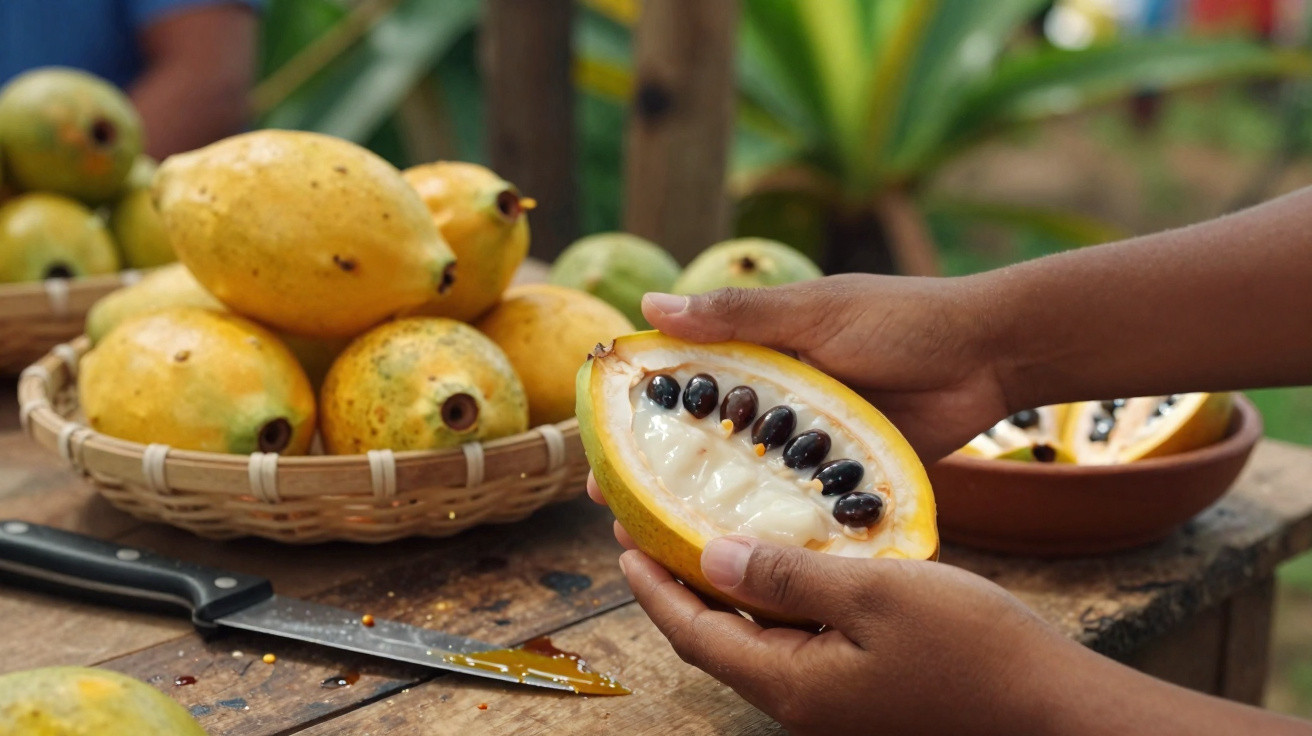 Mãos segurando fruto do cupuaçu aberto com sementes, cesta com frutos maduros e faca sobre mesa de madeira.