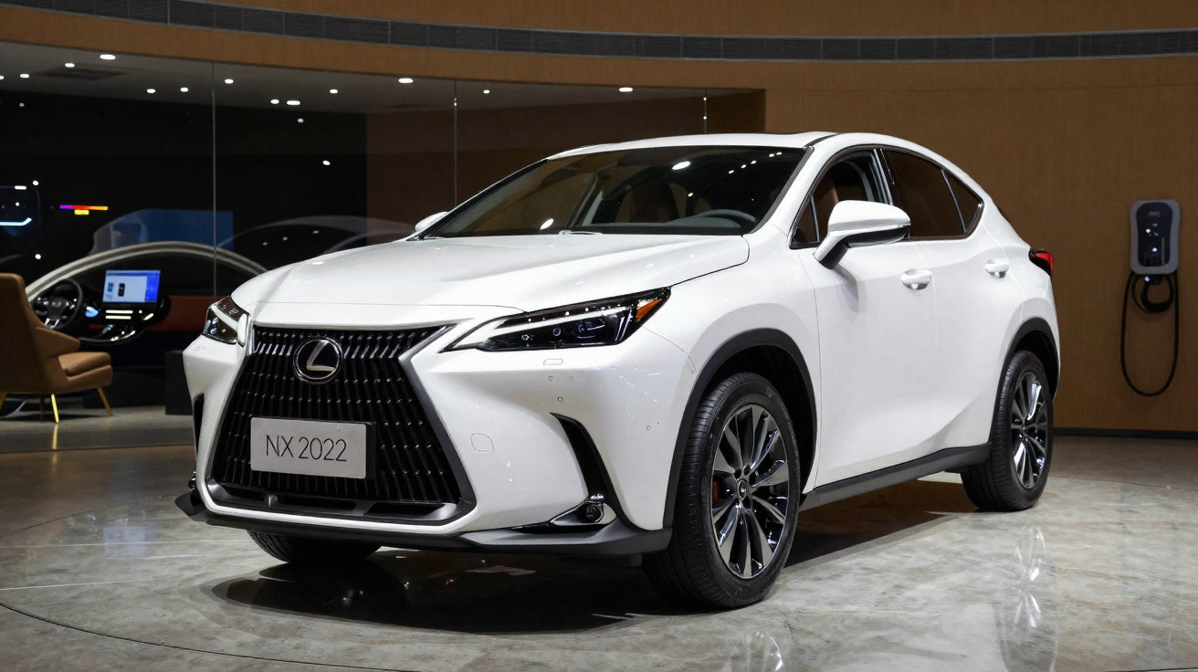 Carro branco Lexus NX 2022 exposto em salão moderno com detalhes pretos e rodas esportivas.