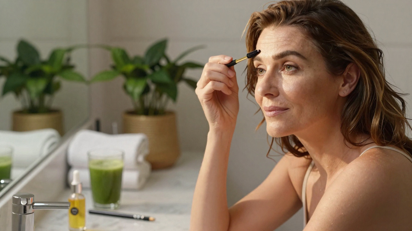 Mulher aplicando rímel nos cílios em banheiro com plantas e toalhas ao fundo.