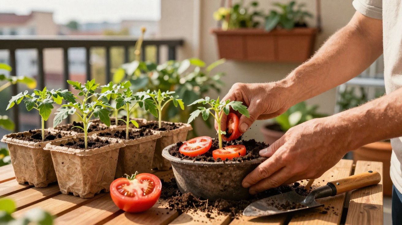 Mãos plantando mudas de tomate em vaso com fatias de tomate e sementes em terra sobre mesa de madeira.