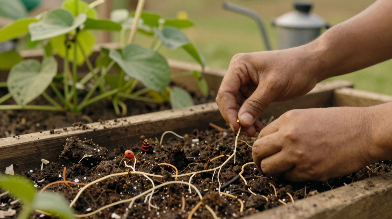 Mãos plantando sementes ou mudas em caixa de madeira com terra, com plantas verdes ao fundo.