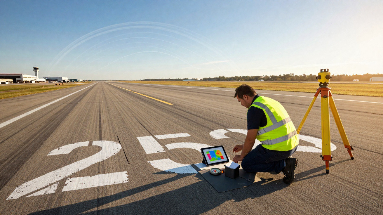 Homem com colete refletivo mede pista de aeroporto usando equipamento de topografia e laptop.