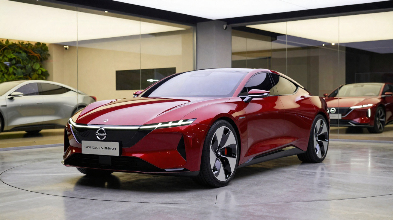 Carro esportivo elétrico vermelho Honda Nissan em exposição em ambiente moderno com piso de concreto.