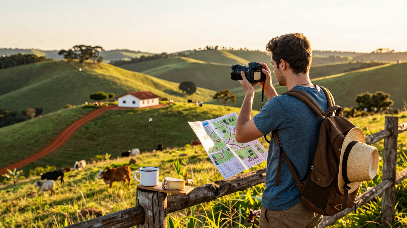 Homem com mochila fotografa paisagem rural com vacas, casa e colinas ao entardecer.