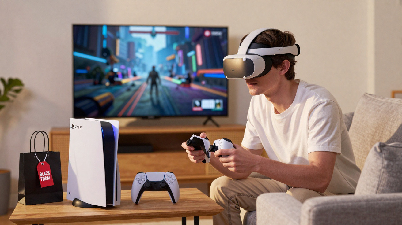 Jovem usando óculos de realidade virtual e controle de videogame, com PS5 e TV ao fundo.