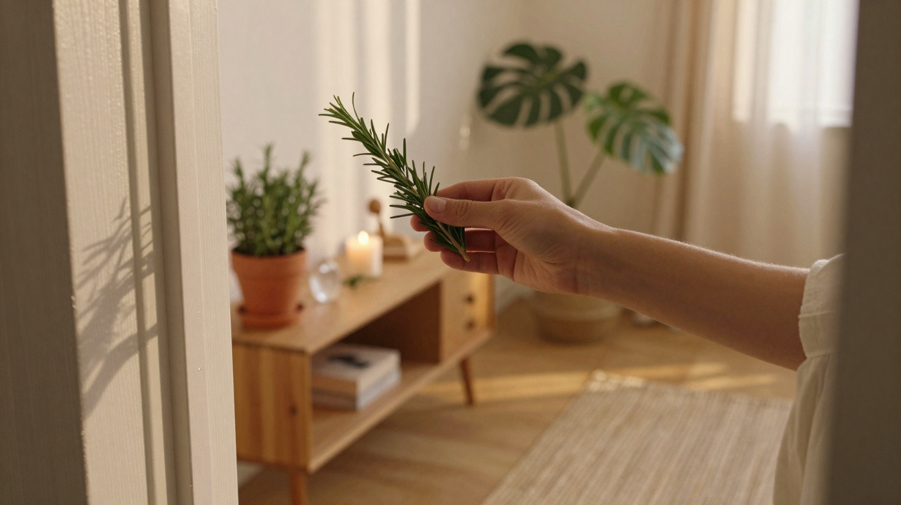 Mão segurando ramo de alecrim em ambiente aconchegante com móveis de madeira e plantas em vasos.
