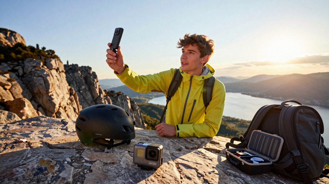Jovem com jaqueta amarela faz selfie com câmera em penhasco, com mochilas e equipamentos ao redor.