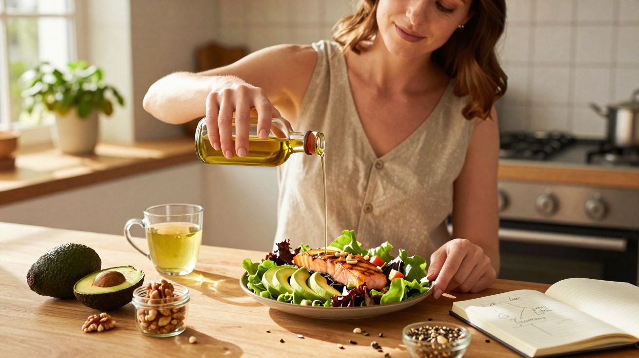 Mulher derramando azeite sobre salada com abacate e salmão em cozinha iluminada natural.