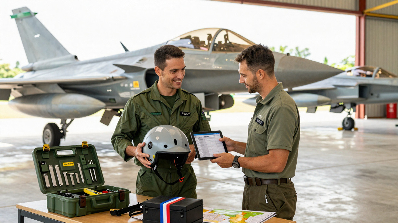 Dois militares em uniforme conversam diante de avião de caça em hangar, com equipamentos e mapas sobre mesa.