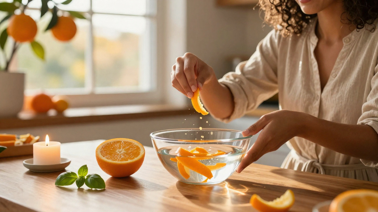 Pessoa espremendo fatias de laranja em uma tigela com água em uma cozinha iluminada.