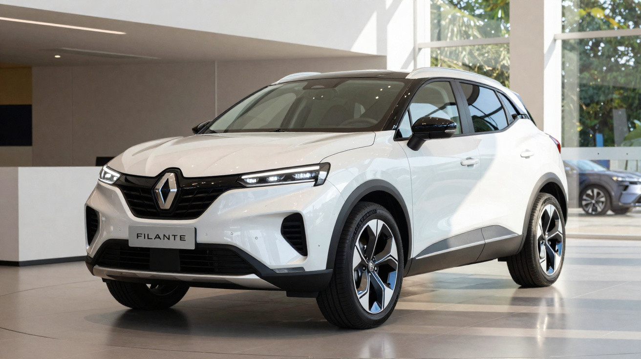 SUV branco da Renault modelo Filante estacionado em showroom moderno com iluminação natural.