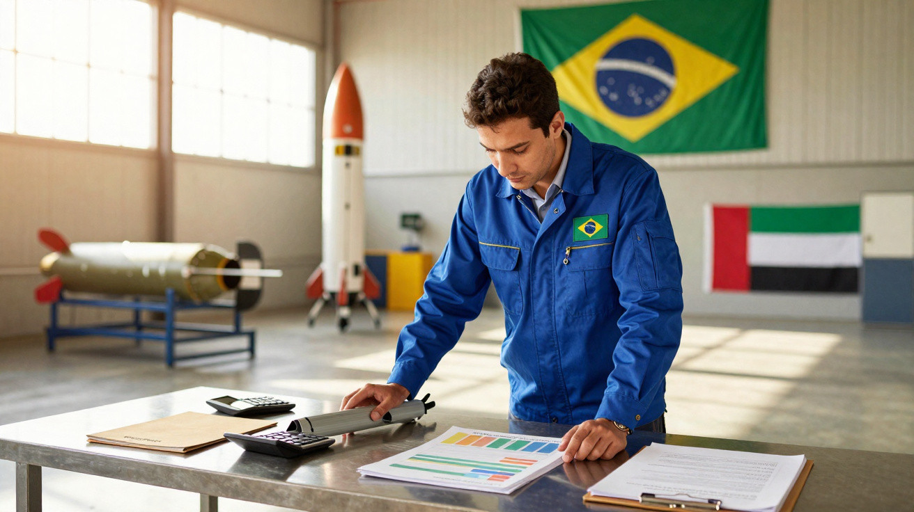 Homem com uniforme azul e bandeira do Brasil estuda projeto de foguete em mesa com modelos e gráficos ao fundo.