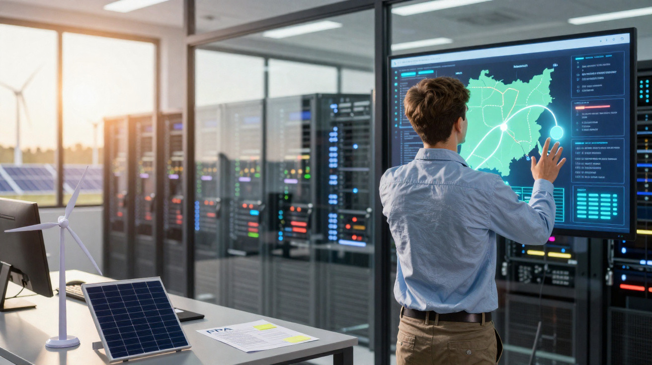Pessoa interage com tela digital exibindo mapa em sala de servidores com equipamentos de energia renovável.