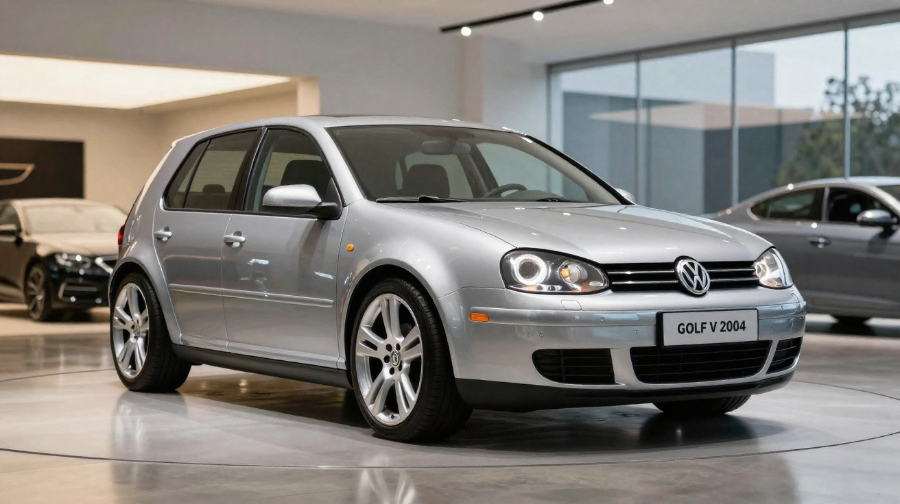 Carro Volkswagen Golf V 2004 prata exposto em showroom moderno com piso espelhado.