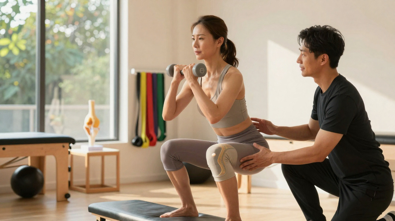 Mulher realiza agachamento com halteres sob orientação de treinador em estúdio de pilates.