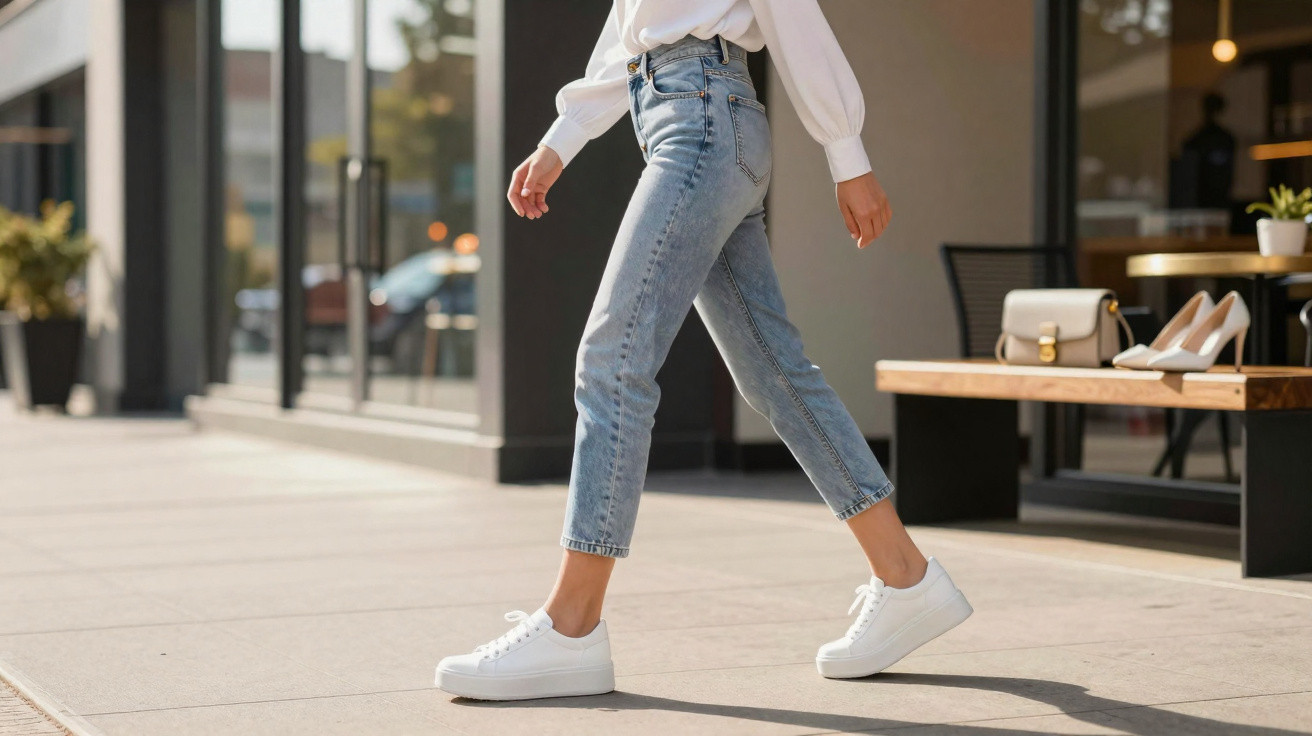 Pessoa caminhando com calça jeans e tênis branco em calçada urbana ao lado de loja.