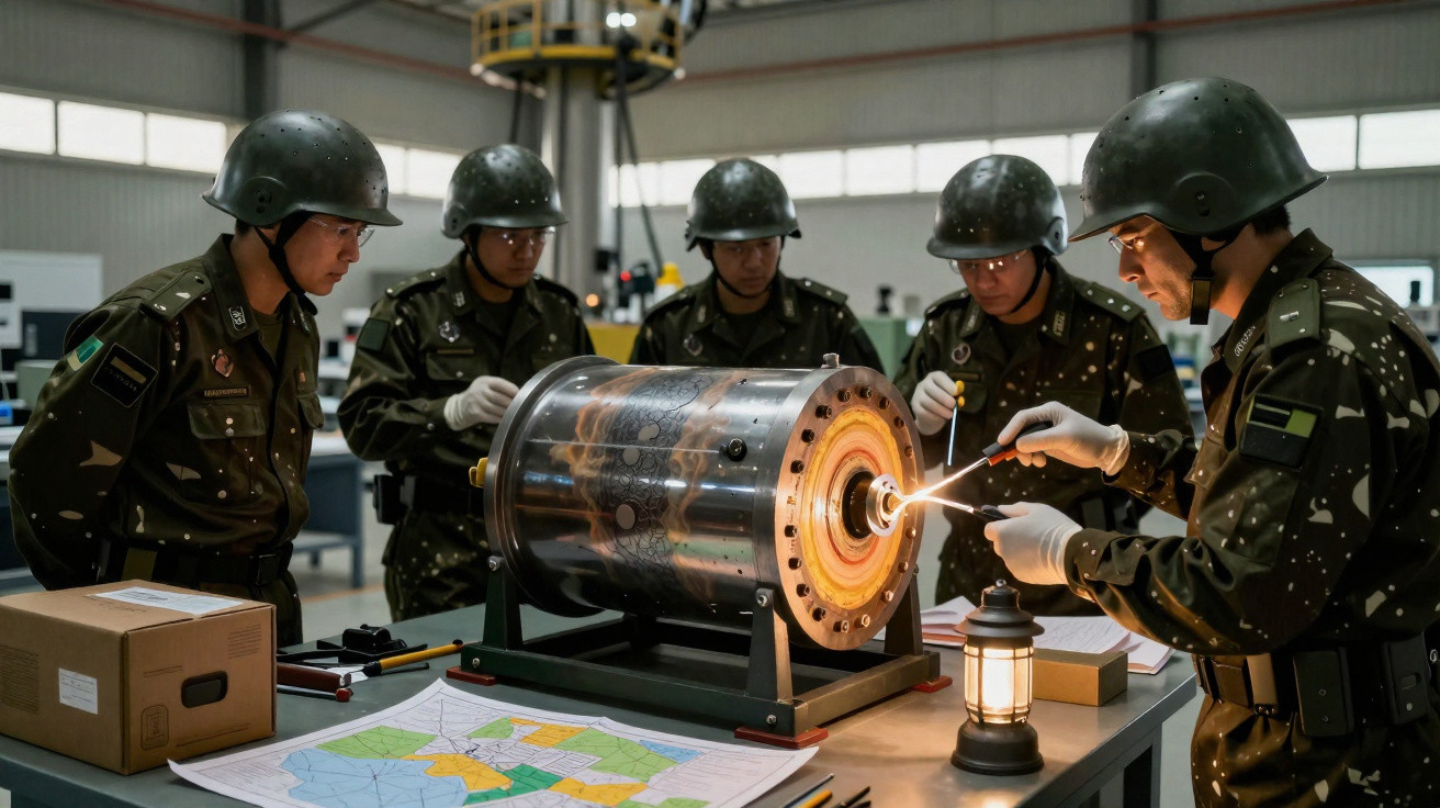 Militares em uniforme e capacete operam equipamento tecnológico em ambiente interno, com mapa sobre mesa.