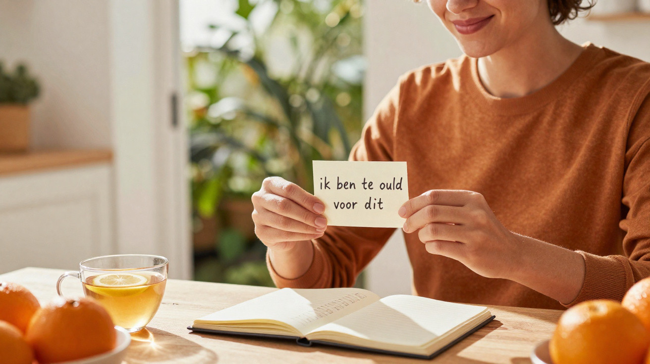 Mulher sorrindo segura cartão com frase em neerlandês, mesa com caderno, chá e frutas ao fundo.