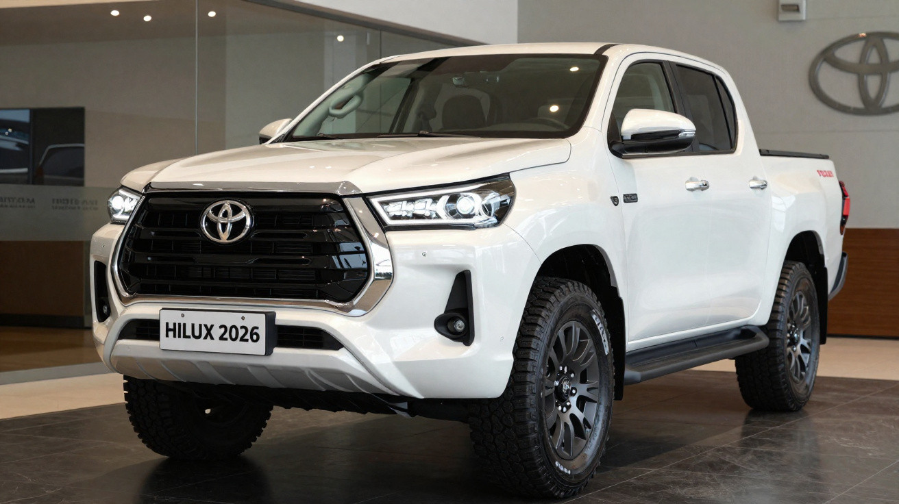 Picape Toyota Hilux 2026 branca exibida em showroom moderno.