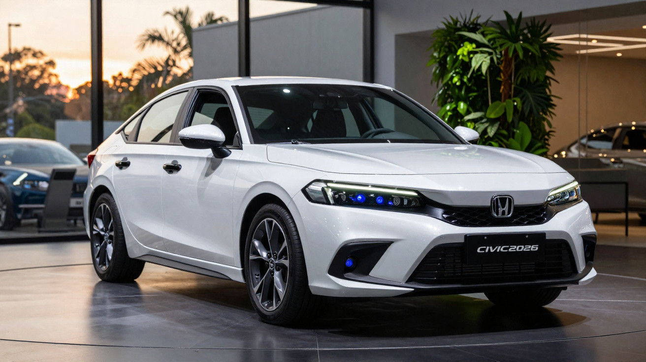 Carro Honda Civic 2026 branco exibido em concessionária com ambiente interno e plantas ao fundo.