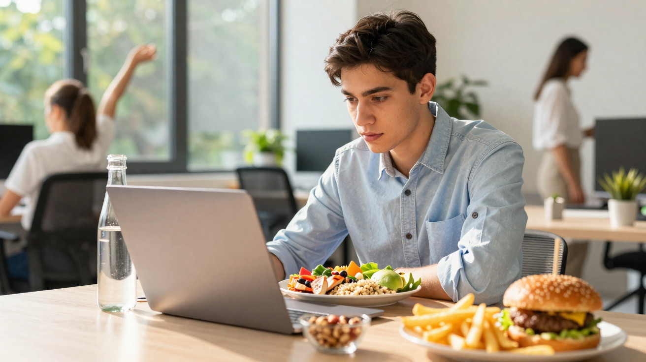 Jovem sentado em mesa com laptop e pratos de comida saudável e fast food em ambiente de escritório.