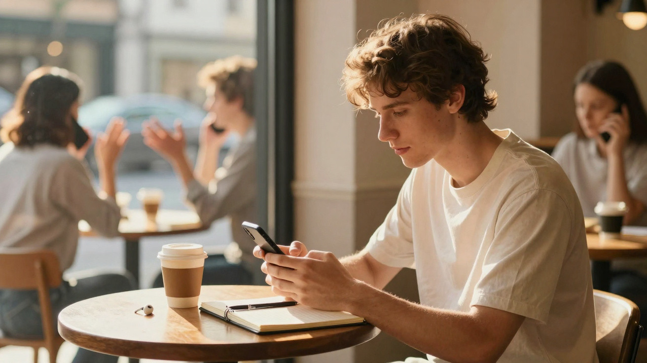 Jovem sentado em café, olhando para celular, com caderno e copo de café na mesa.