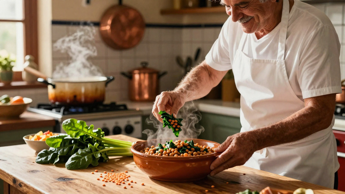 Homem idoso em avental cozinhe legumes frescos em cozinha rústica com vapor saindo da panela.