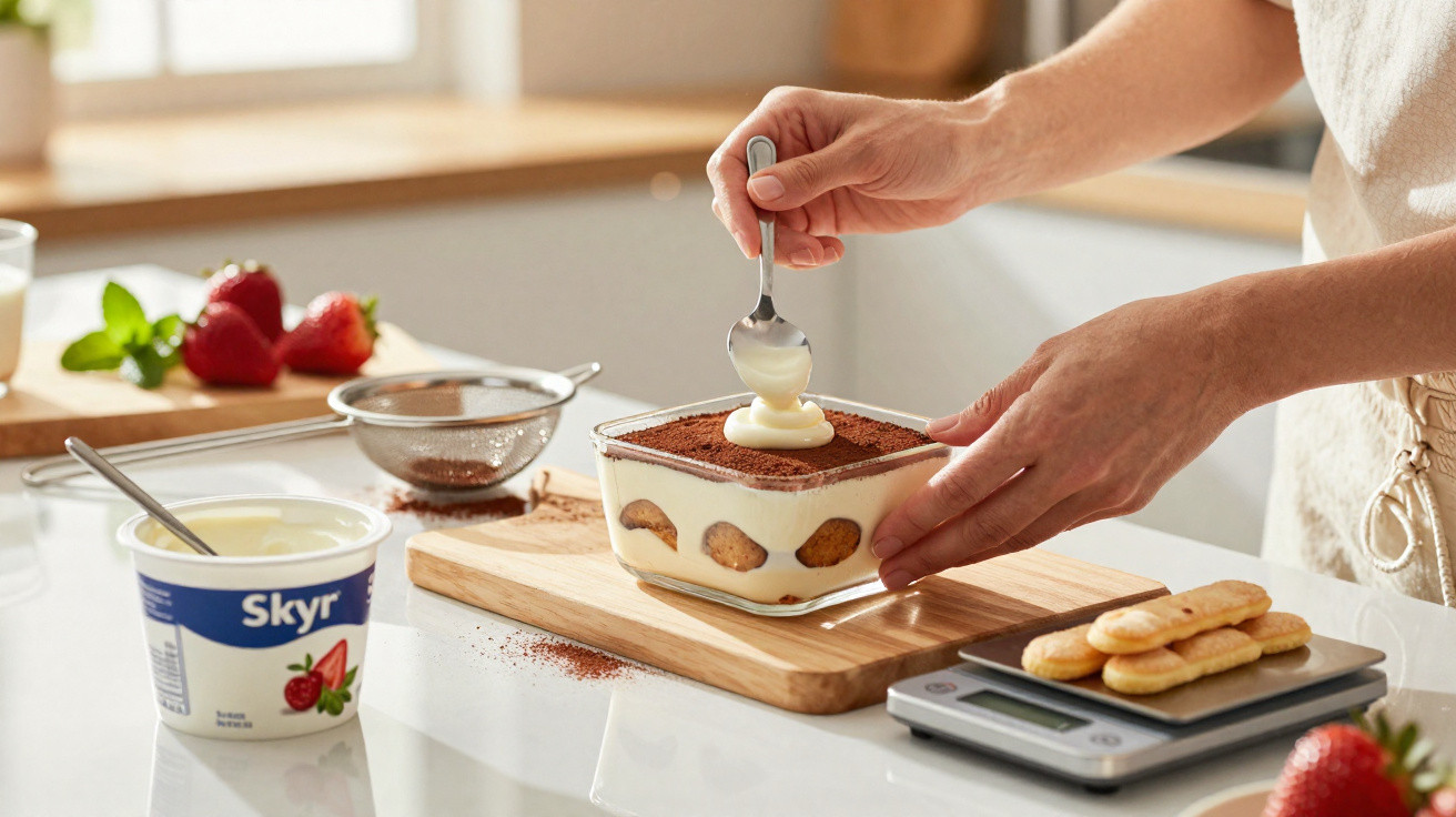 Pessoa colocando creme sobre sobremesa tiramisu caseira em recipiente de vidro sobre bancada branca.