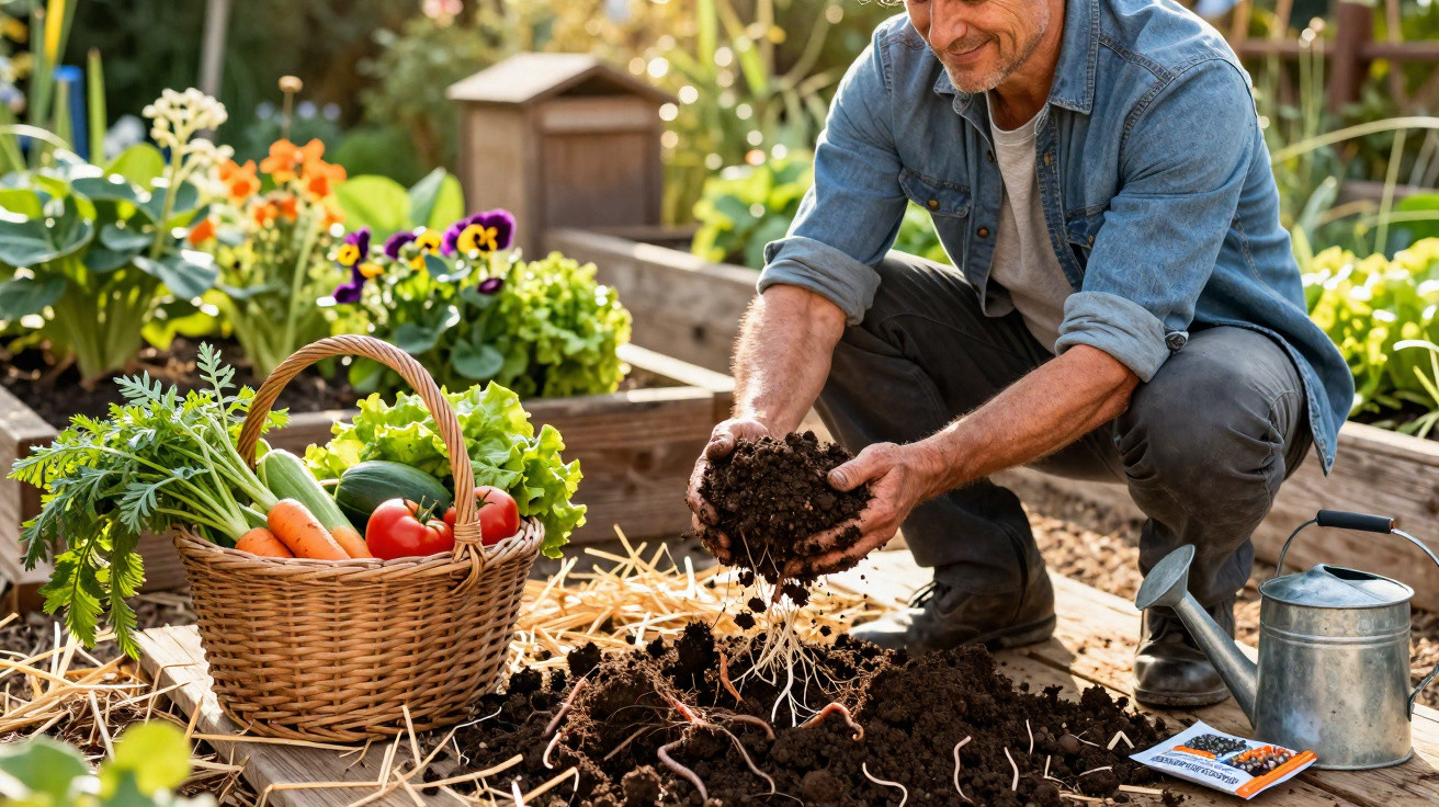 Homem recolhendo terra em canteiro de jardim com cesta de legumes e regador ao lado.