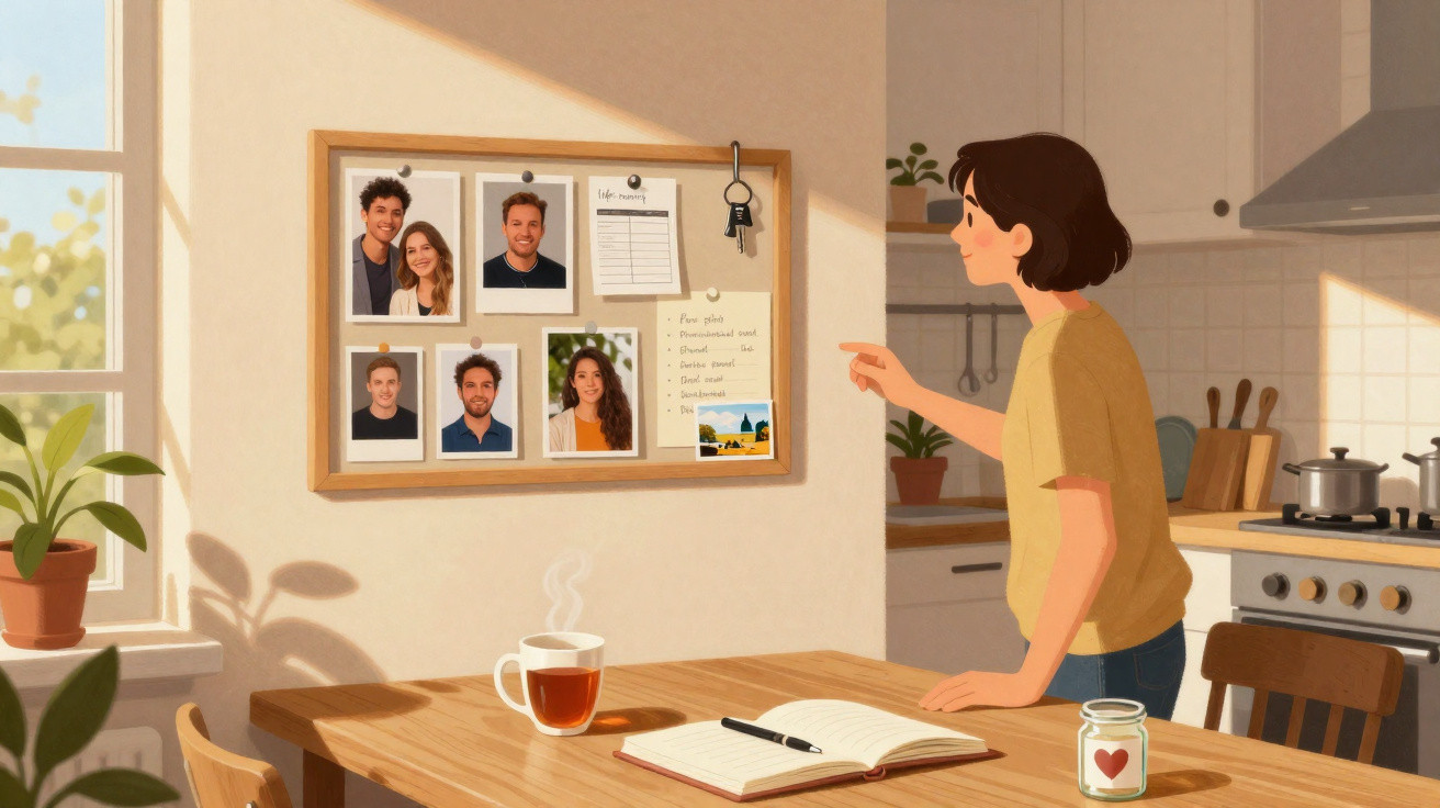 Pessoa olhando fotos e anotações em quadro de avisos na cozinha iluminada pelo sol da manhã.