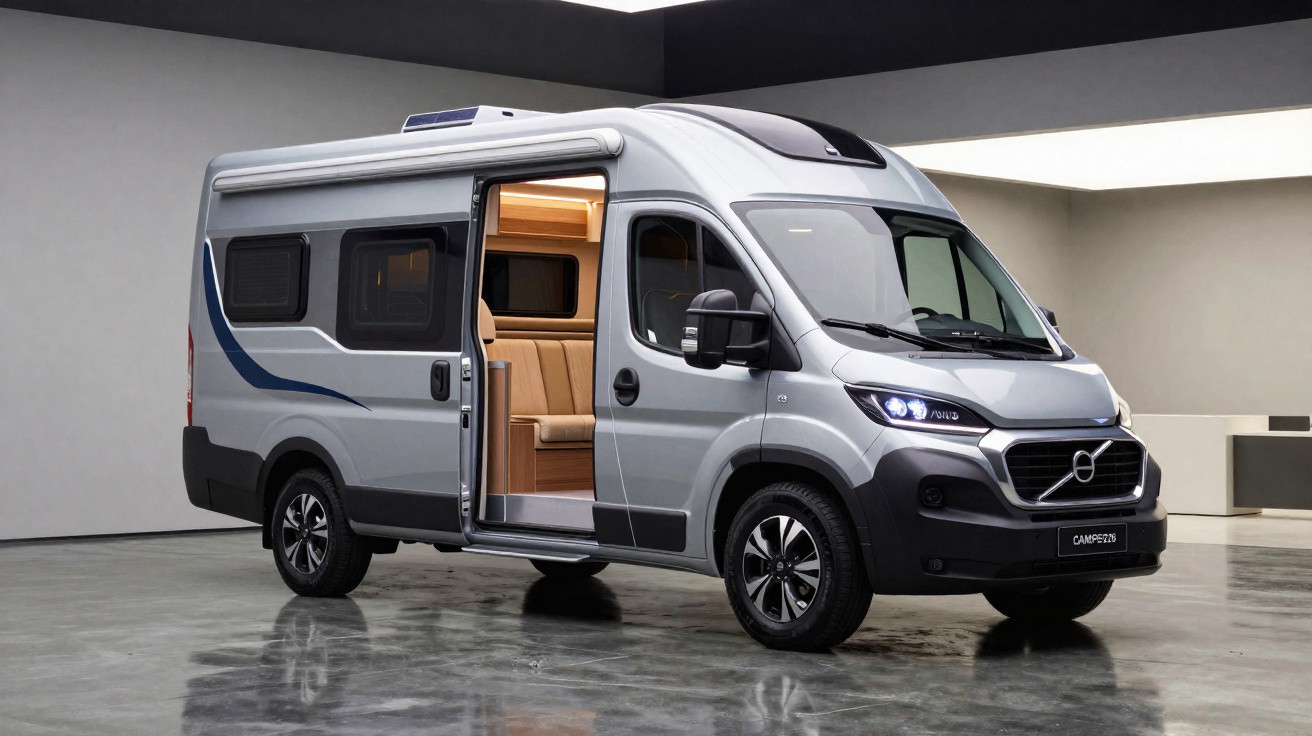 Van motorhome cinza estacionada em garagem com porta lateral aberta mostrando interior iluminado.