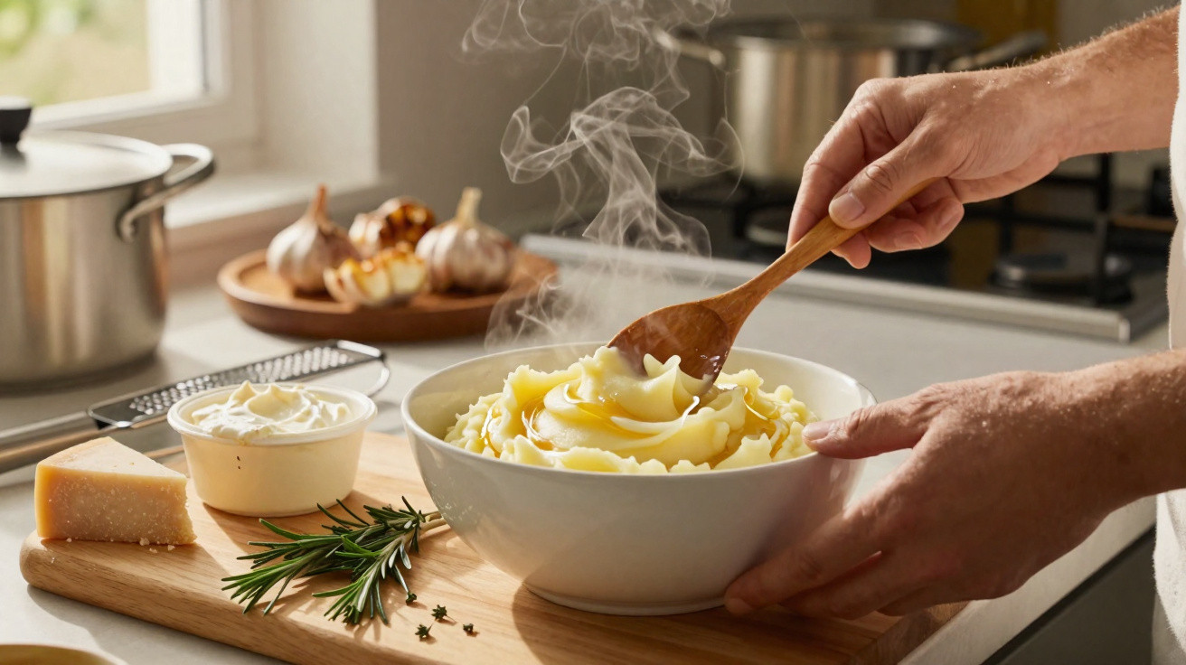 Pessoa mexendo purê de batata quente em uma tigela branca com alho, queijo e ervas ao lado na cozinha.