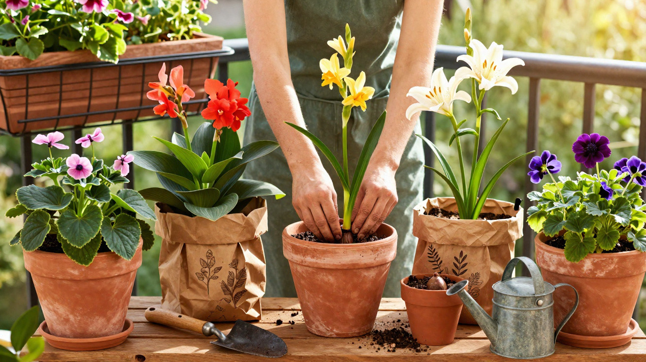 Pessoa plantando flores coloridas em vasos de cerâmica e papel em uma mesa de madeira ao ar livre.