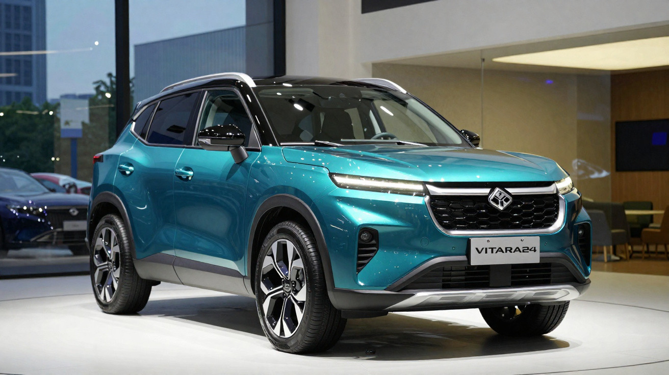 Carro SUV compacto azul metálico modelo Vitara 24 exibido em showroom moderno.