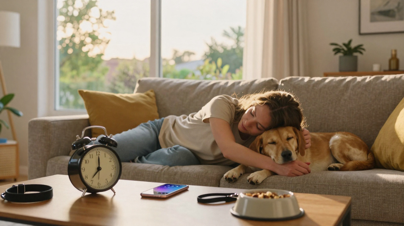 Mulher abraçando cachorro dourado no sofá, com mesa à frente e relógio despertador marcando 7 horas.