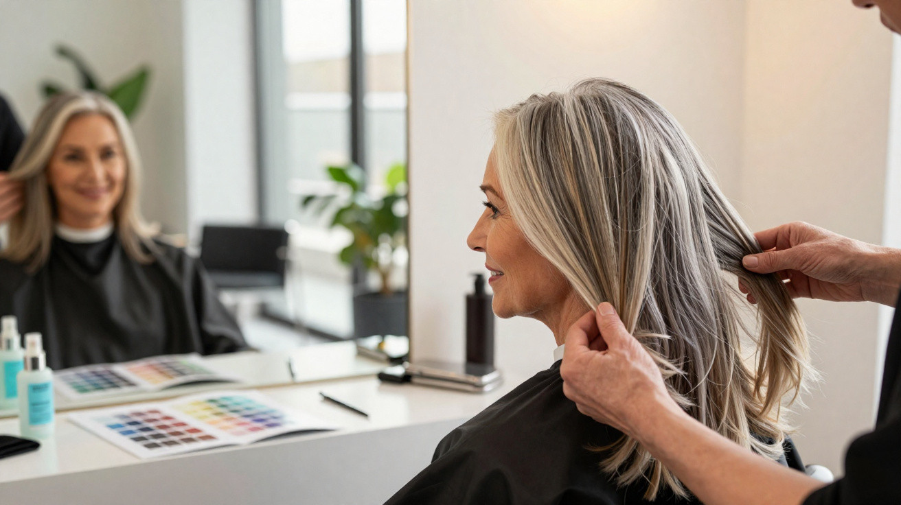 Mulher de cabelo grisalho é atendida por cabeleireiro em salão de beleza moderno com espelho grande.