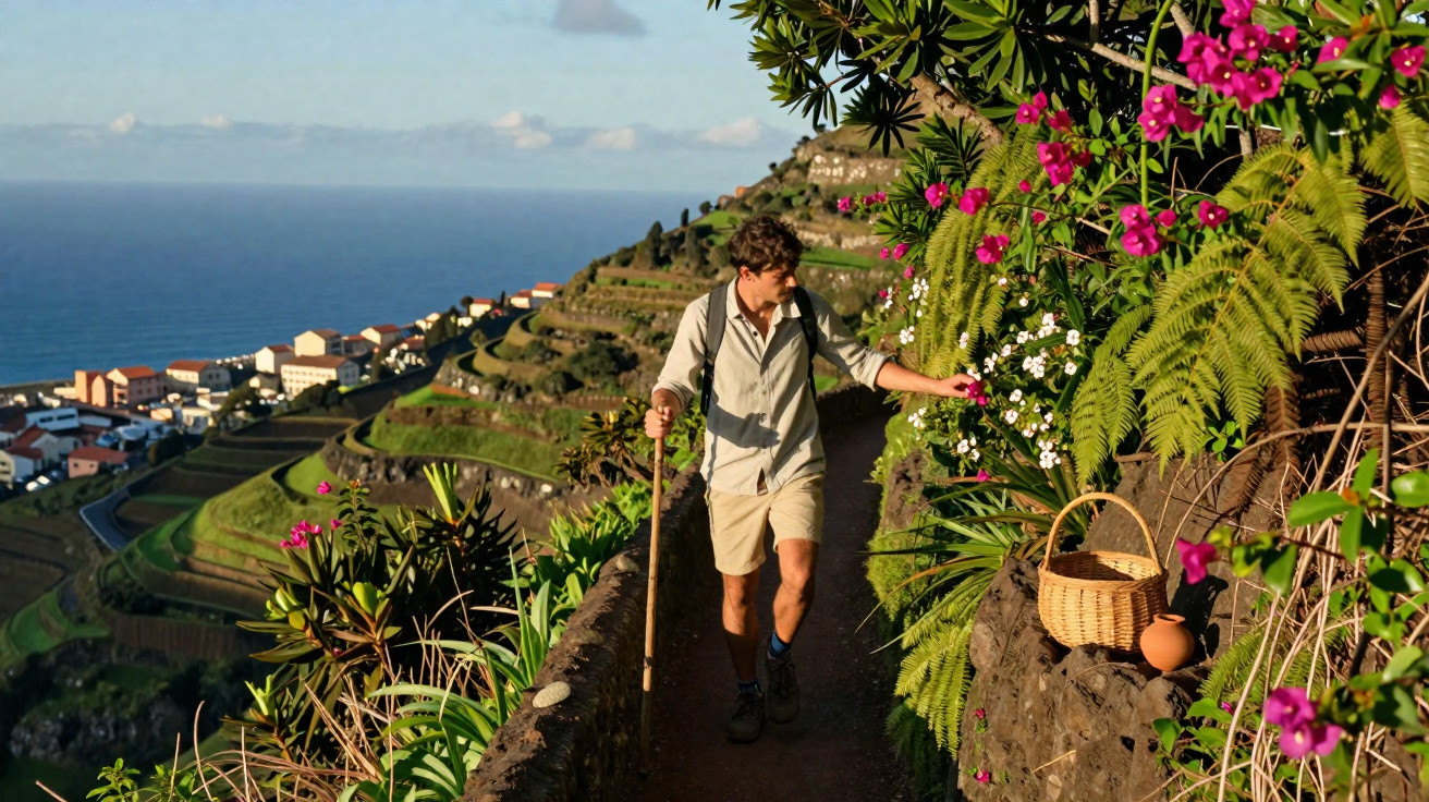 Homem caminhando em trilha na montanha com bastão, flores azuis e roxas, e aldeia ao fundo junto ao mar.