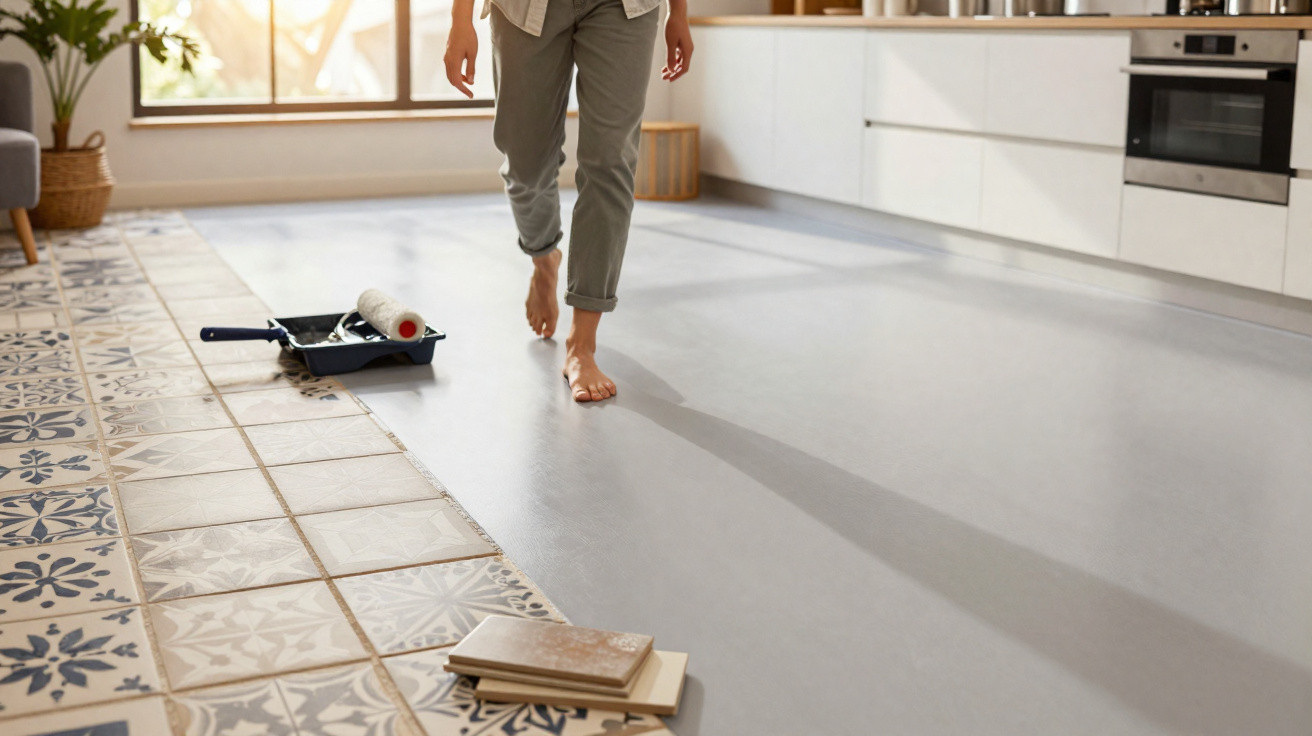 Pessoa caminhando descalça em cozinha com piso parcialmente renovado, parte antiga em azulejos decorativos e parte nova lisin