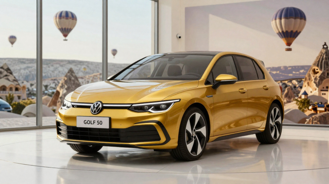 Carro Volkswagen Golf amarelo exibido em ambiente interno com balões de ar quente ao fundo pela janela.