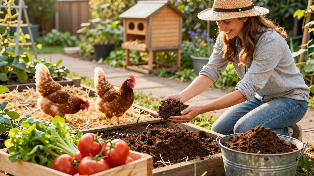 Mulher sorridente cuidando da horta com terra, plantas, tomates e galinhas ao redor em dia ensolarado.