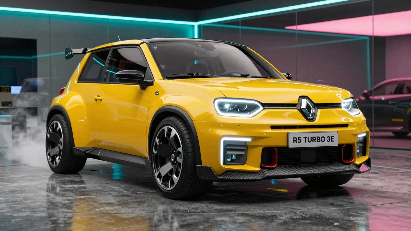 Carro elétrico Renault R5 Turbo 3E amarelo em ambiente futurista com luzes neon.