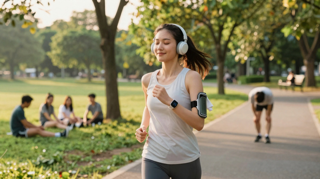 Mulher correndo no parque com fones de ouvido, usando camiseta regata branca e relógio fitness.