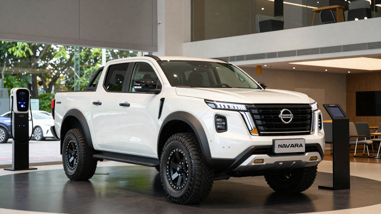 Picape branca Nissan Navara exibida em showroom moderno com pneus robustos e detalhes pretos.