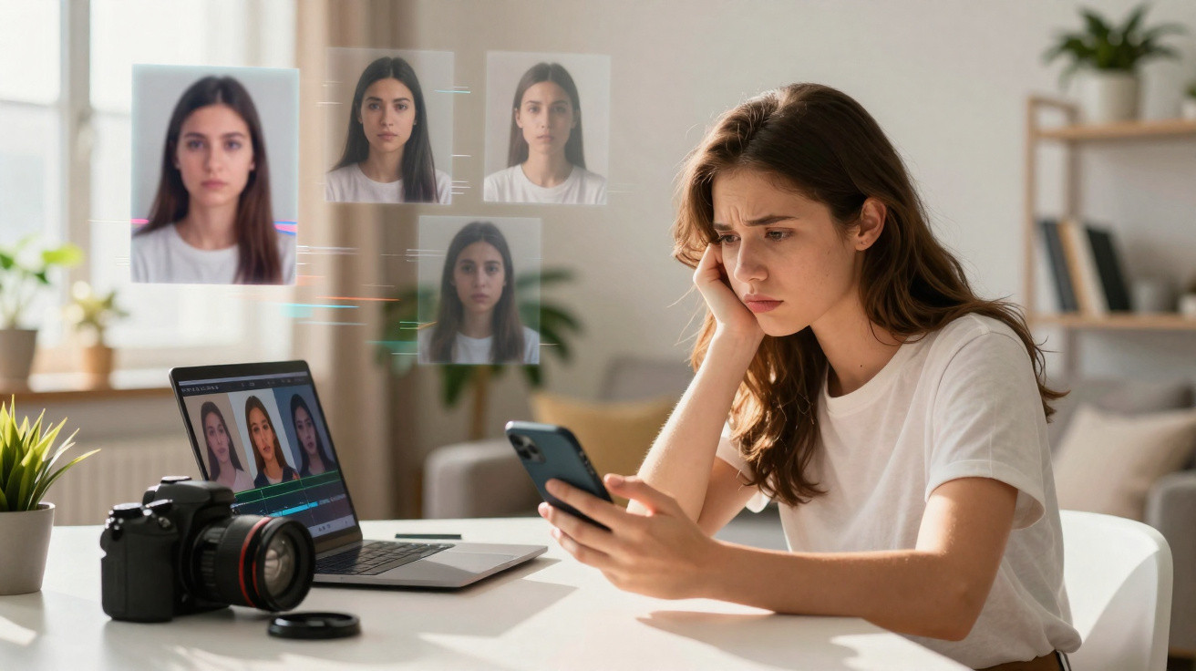 Mulher analisando fotos em celular e laptop, avaliando diferentes expressões faciais em ambiente doméstico.