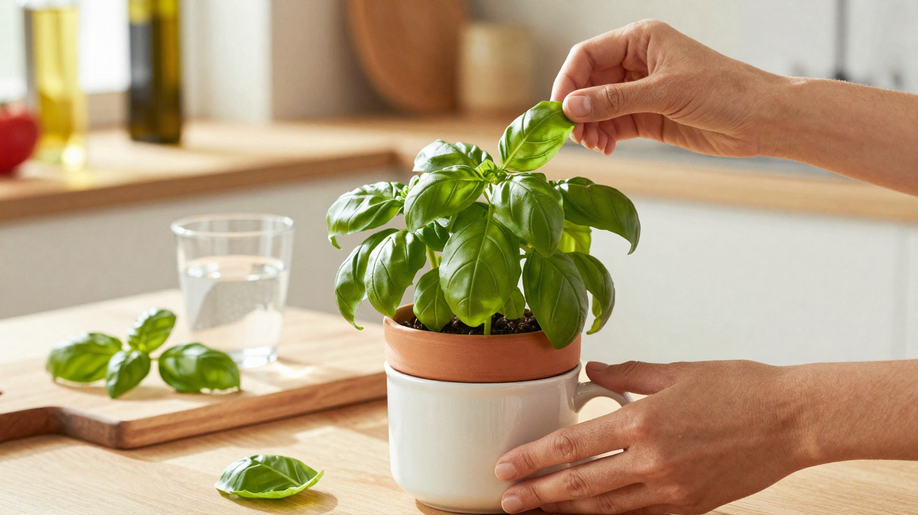 Mãos colhendo folhas de manjericão em vaso sobre bancada de cozinha com copo de água e tábua de cortar ao fundo.