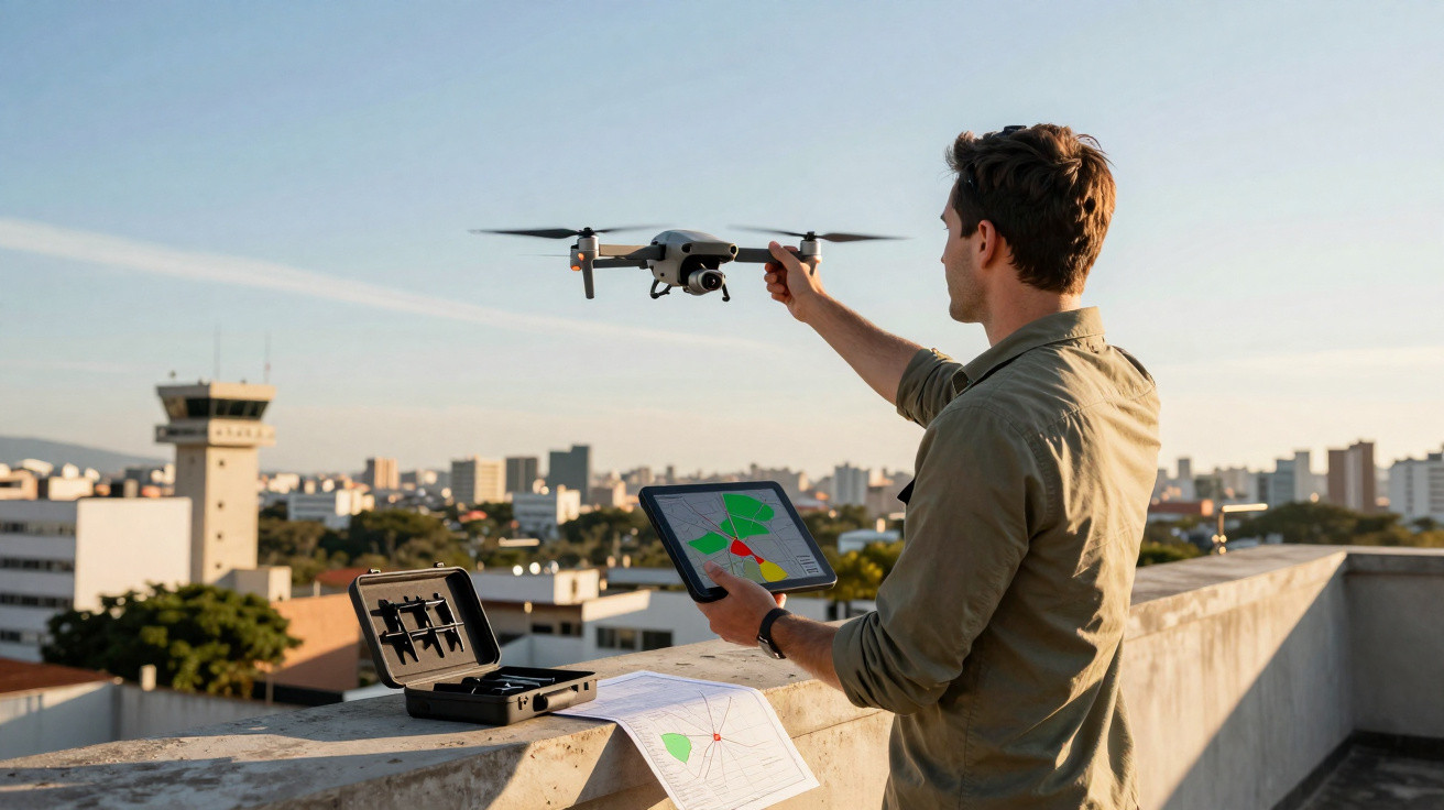 Homem operando drone com tablet na mão em um terraço com cidade ao fundo ao entardecer.