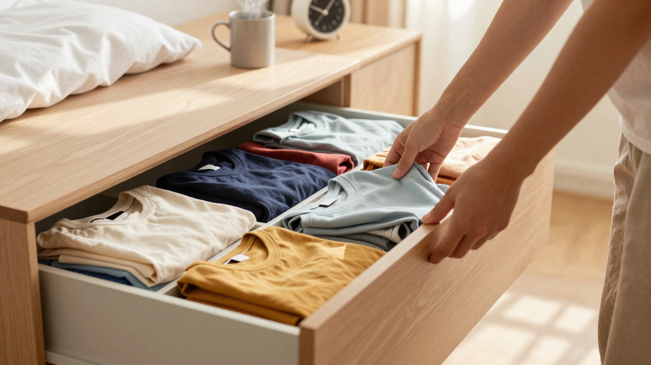 Pessoa organizando camisetas coloridas em gaveta de madeira clara em quarto com luz natural.