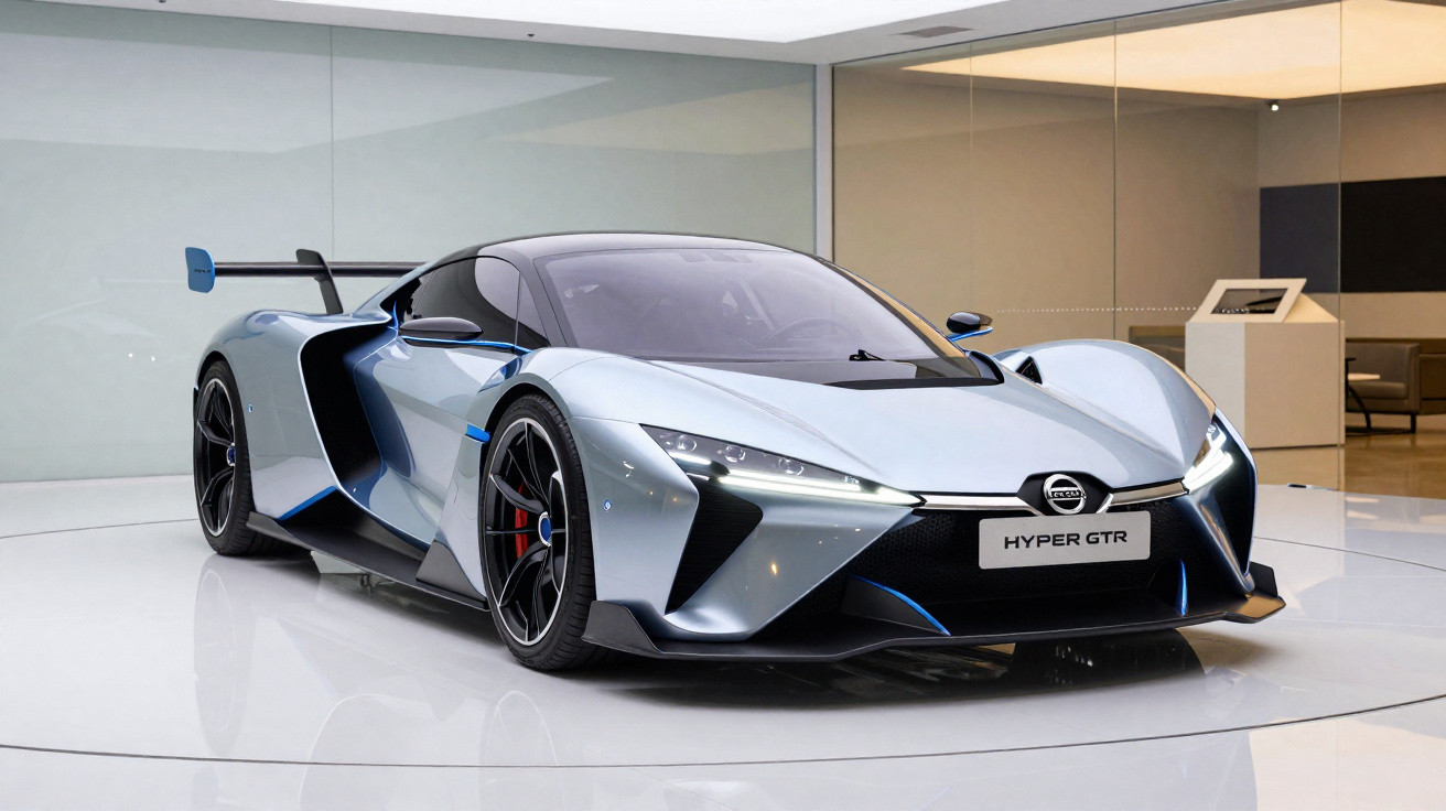 Carro esportivo Nissan Hyper GTR prateado em exposição, com design aerodinâmico moderno.