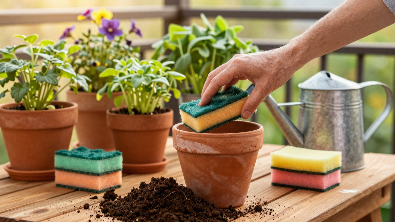 Pessoa limpando vaso de barro com esponja, com terra, regador e plantas em vasos ao fundo.